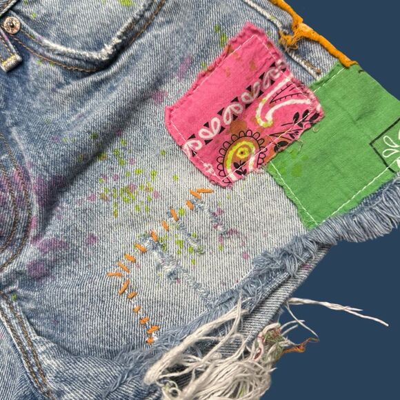OOAK Levi Patchwork Shorts Res Ipsa Boho Cut Off Denim Shorts Size 26” #134 - Picture 3 of 9
